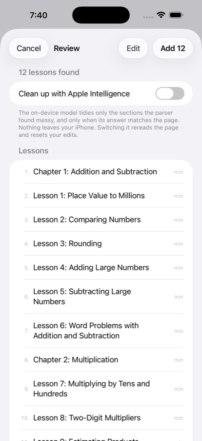 The correction screen after scanning a table of contents, with lesson titles and minutes to edit