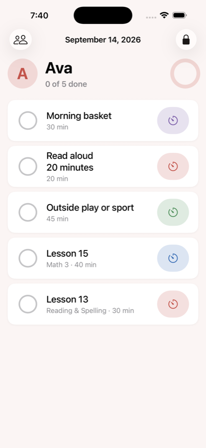 Student mode: a large checklist for one student with timers