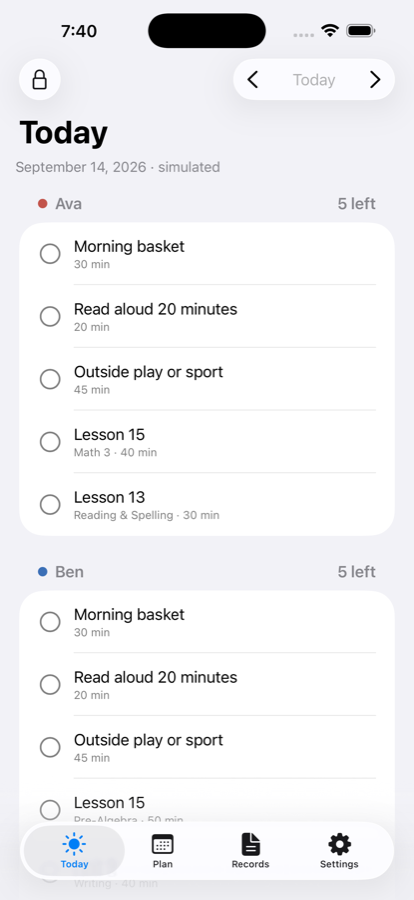 The Today screen on iPhone: three students, each with their lessons for the day and check circles